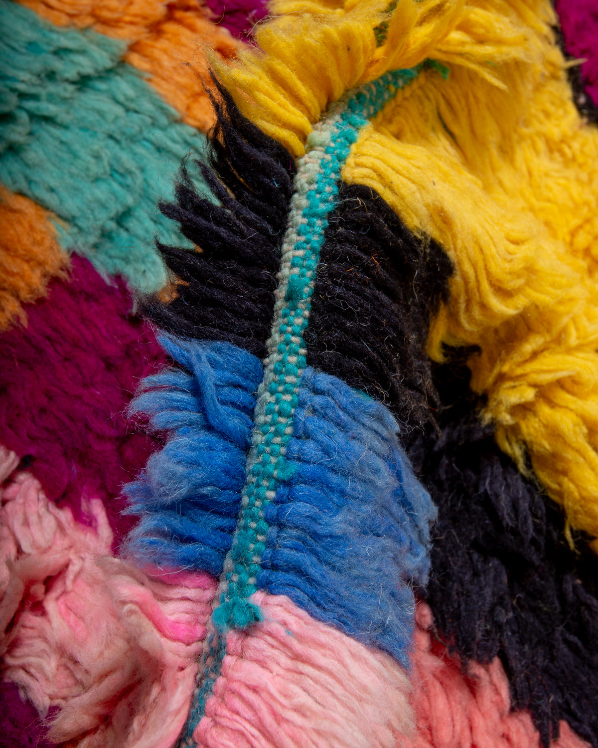 Modern, designer, handcrafted Berber rug from Morocco. Vintage carpet with beautiful colours and patterns and fluffy texture.